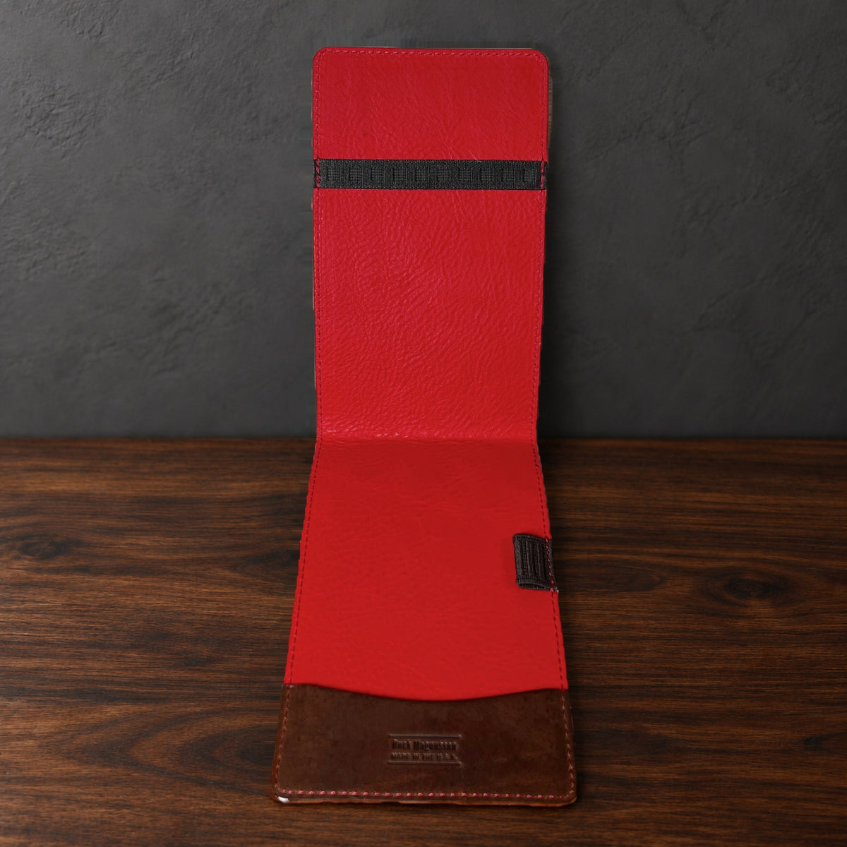Inside the Augusta Pro yardage book cover: red interior, a top elastic, a full-length pocket and a pencil loop