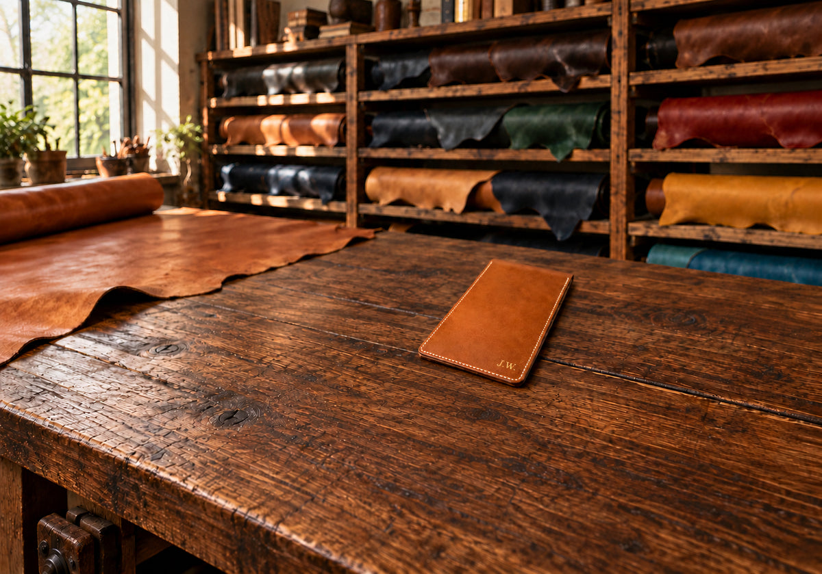 A whiskey tan leather yardage book cover with gold foil initials lying on a walnut workbench, in front of workshop racks of full-length leather rolls in many colors