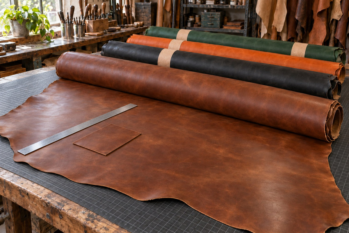 A brown leather hide unrolled across a workshop cutting table with a steel straightedge and a cut panel, rolls of black, orange and green leather behind