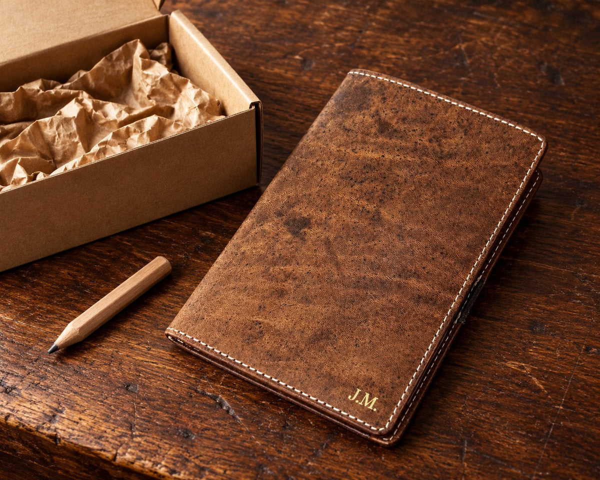 Brown leather scorecard holder with gold foil initials beside an open kraft shipping box