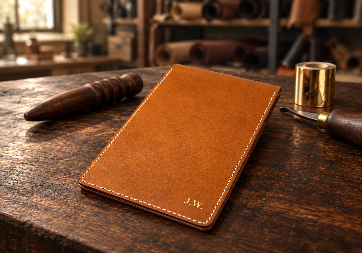 A whiskey tan leather yardage book cover with gold foil initials on a walnut workbench, beside an edge slicker, a roll of gold foil and an edge tool, with leather rolls on shelves behind