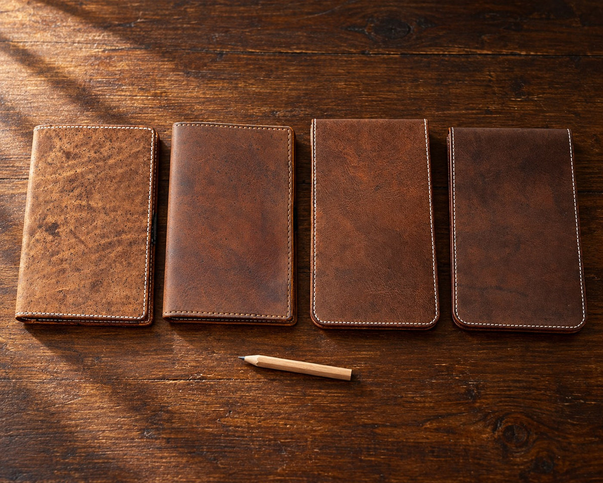 Muirfield and St. Andrews scorecard holders beside Augusta and Oakmont yardage book covers in brown leather on a walnut table